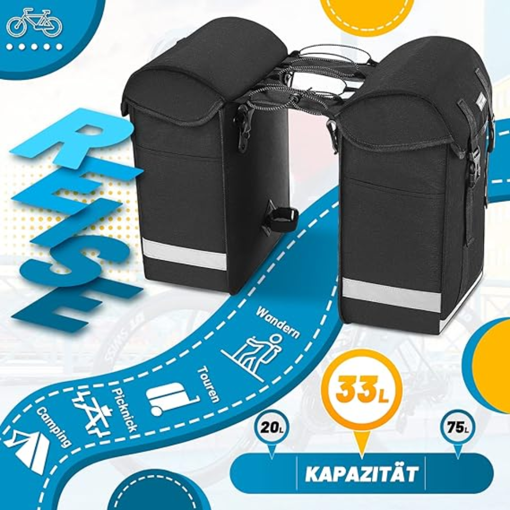 West Biking High-Capacity Bicycle Rear Pannier Bag with Reflective Safety Strips - Black, 33 Liter. - Image 7