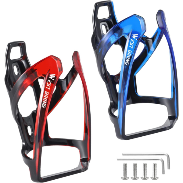 West Biking PC Bike Water Bottle Cages with Installation Tools - 2 Pcs, Blue & Red.