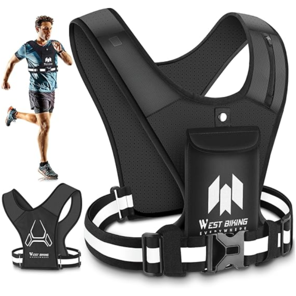 West Biking Reflective Running Vest with Fold-Out Phone Pouch & Storage Pockets - Black