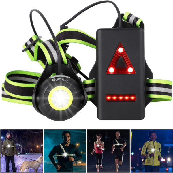 West Biking USB Rechargeable Running Chest Light with 90° Adjustable Beam & Reflective Straps - Green, 500 Lumens