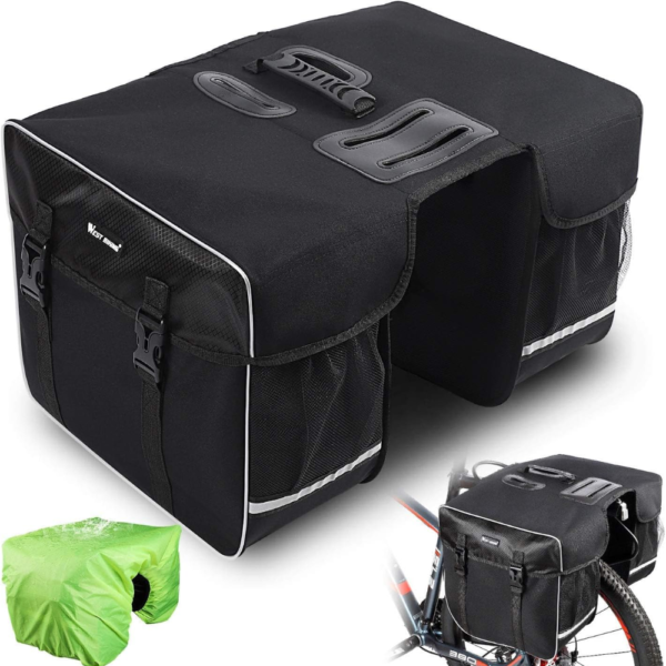 West Biking High-Capacity Bike Rear Pannier Double Bag with Reflective Safety Strips - Black, 30 Liter