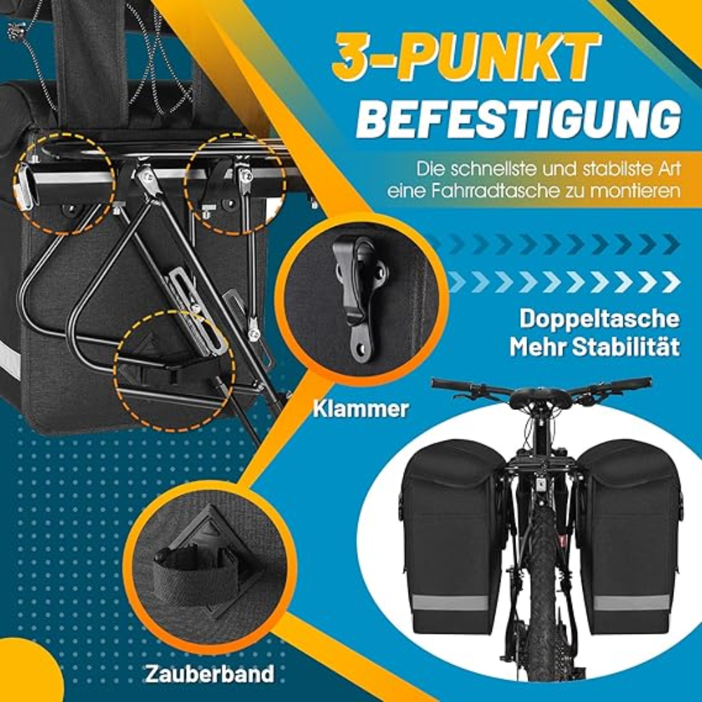 West Biking High-Capacity Bicycle Rear Pannier Bag with Reflective Safety Strips - Black, 33 Liter. - Image 5