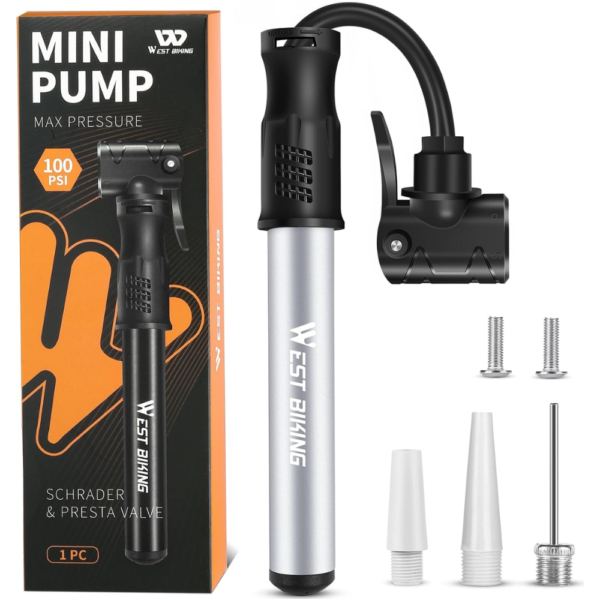 West Biking Mini Bike Pump with Flexible Hose Compatible with Schrader & Presta Valves - Silver, 100 PSI