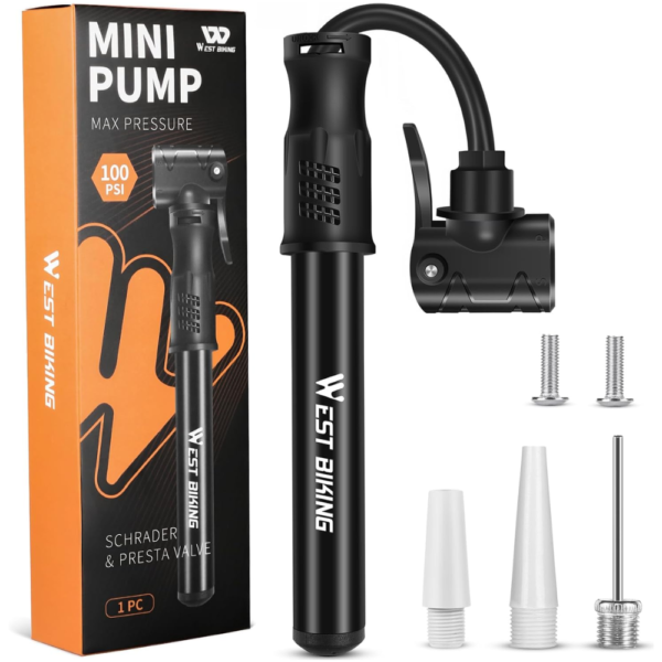 West Biking Mini Bike Pump with Flexible Hose Compatible with Schrader & Presta Valves - Black A, 100 PSI
