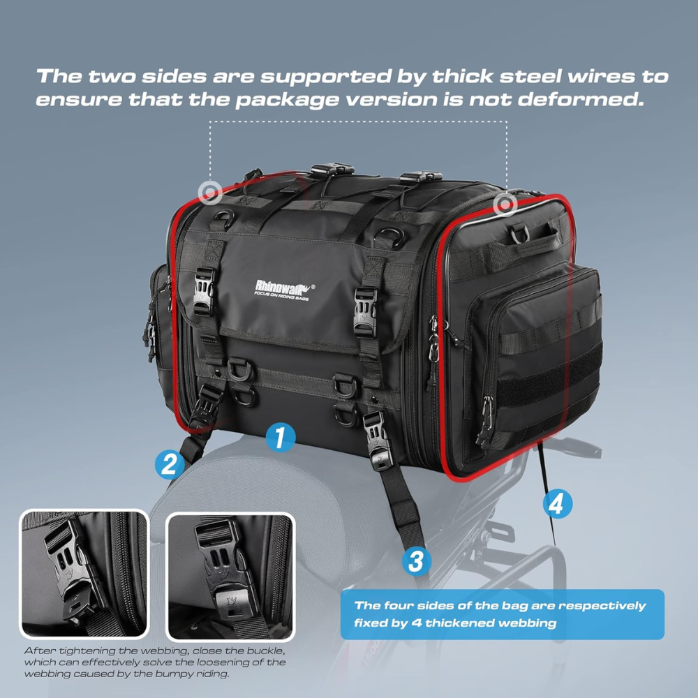 Rhinowalk Expandable Motorcycle Tail Bag - Black, 80 Liter - Image 4