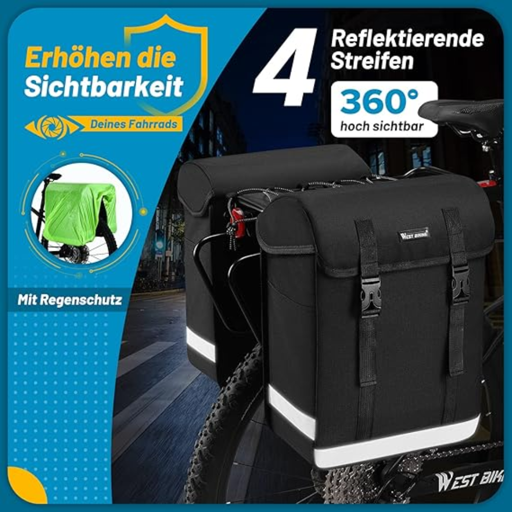 West Biking High-Capacity Bicycle Rear Pannier Bag with Reflective Safety Strips - Black, 33 Liter. - Image 4