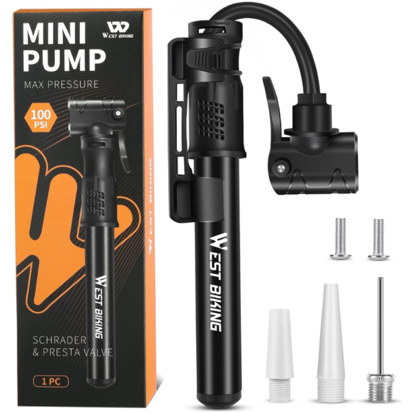 West Biking Mini Bike Pump with Flexible Hose Compatible with Schrader & Presta Valves - Black B, 100 PSI