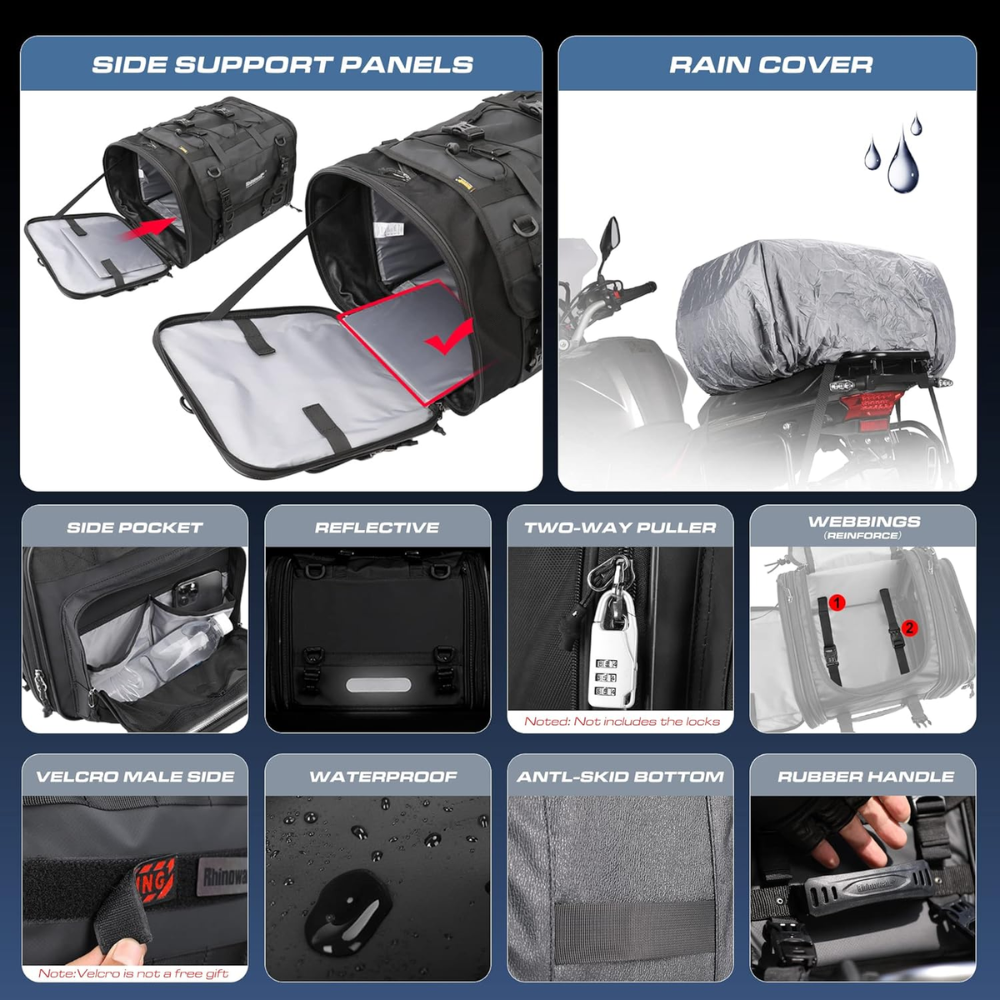 Rhinowalk Expandable Motorcycle Tail Bag - Black, 80 Liter - Image 3