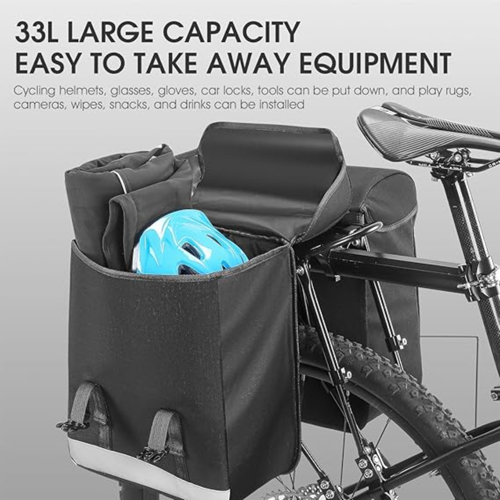 West Biking High-Capacity Bicycle Rear Pannier Bag with Reflective Safety Strips - Black, 33 Liter. - Image 3
