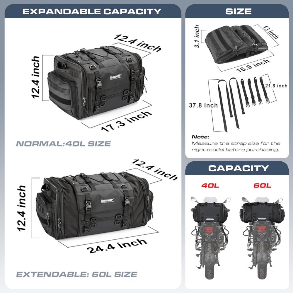 Rhinowalk Expandable Motorcycle Tail Bag - Black, 80 Liter - Image 2