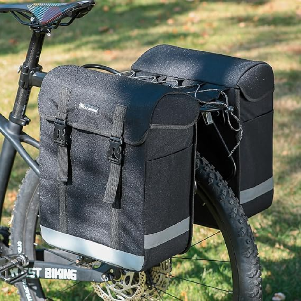 West Biking High-Capacity Bicycle Rear Pannier Bag with Reflective Safety Strips - Black, 33 Liter. - Image 2