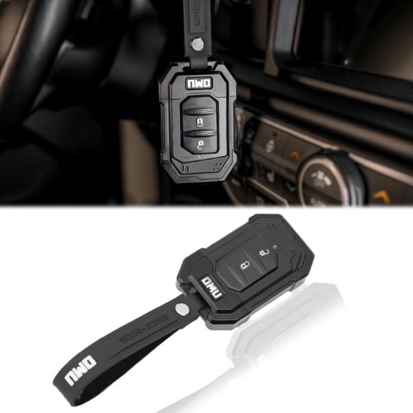 OMU Aluminum Key Fob Case with Keychain Compatible with 2018-2025 Jeep Wrangler JL & Gladiator JT - Black