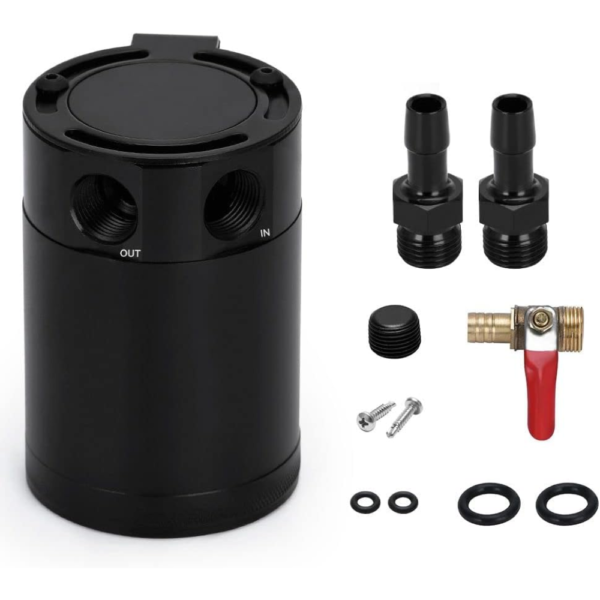 PQY Universal Baffled 2-Port Oil Catch Tank with Drain Valve – 1.5L Capacity – Black
