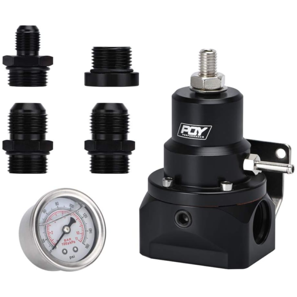 PQY Adjustable Fuel Pressure Regulator with Gauge – AN10 Feed & AN6 Return – Black