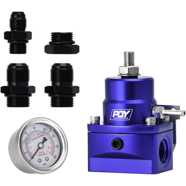 PQY Adjustable Fuel Pressure Regulator with Gauge – AN8 Feed & AN6 Return – Blue