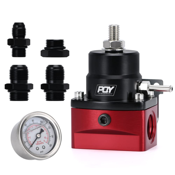 PQY Adjustable Fuel Pressure Regulator with Gauge – AN8 Feed & AN6 Return – Black + Red