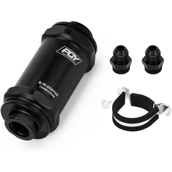 PQY Inline High-Flow Fuel Filter – 100 Micron Stainless Steel Element – Black