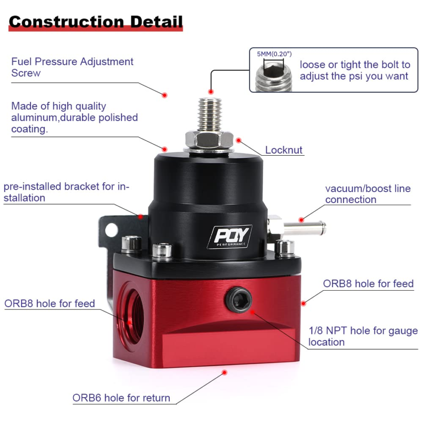 PQY Adjustable Fuel Pressure Regulator with Gauge – AN8 Feed & AN6 ...