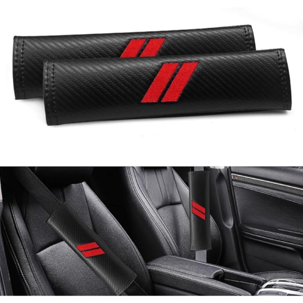 7Cylinder Carbon Fiber Texture Leather Seatbelt Cover Pads – For Dodge Durango, Charger, & Challenger – Black & Red