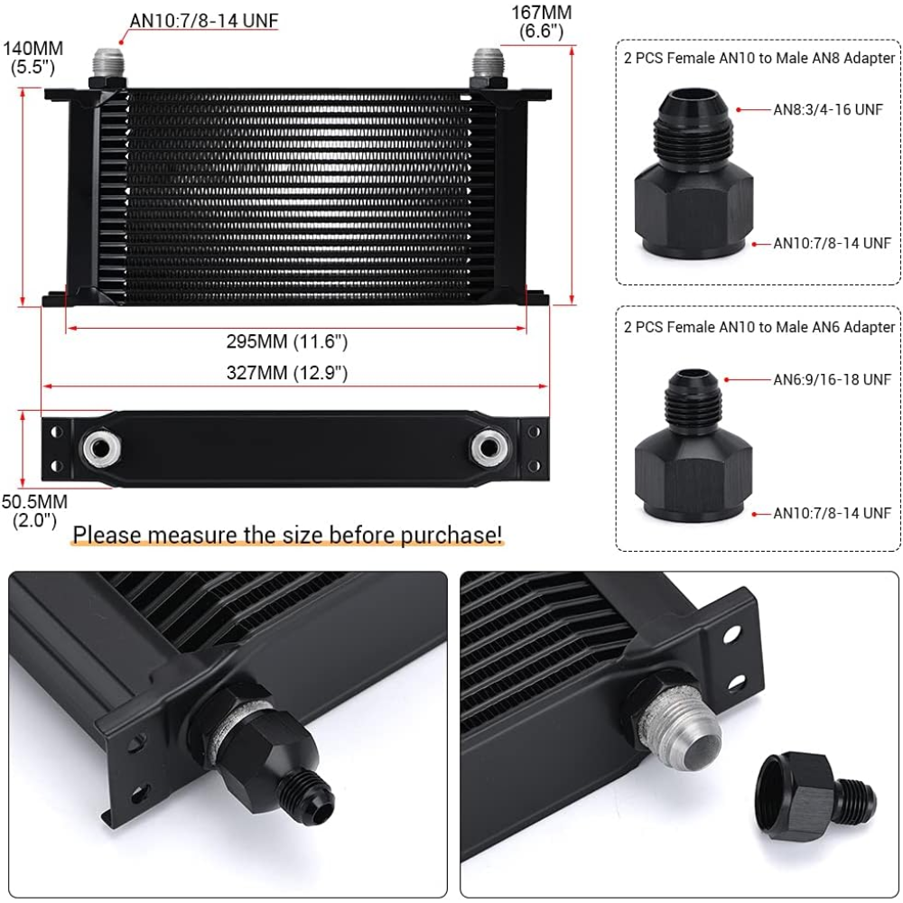 PQY 19-Row Universal Stacked Plate Oil Cooler – AN10 with 6AN/8AN Adapters – Black - Image 3