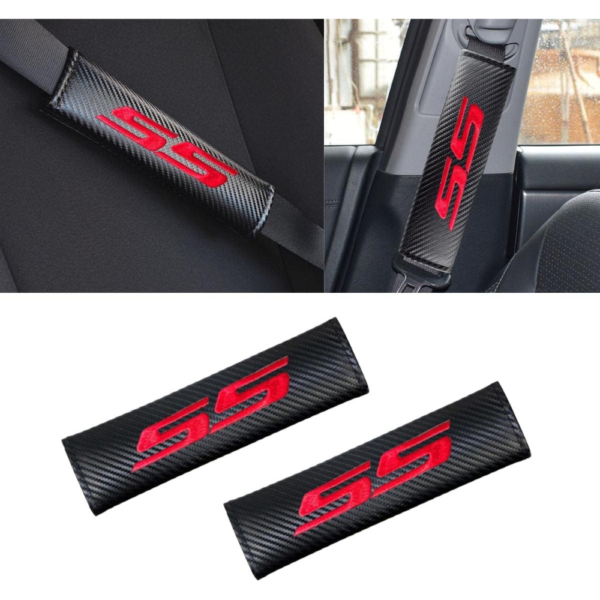 7Cylinder Carbon Fiber Texture Leather Seatbelt Cover Pads – For Chevy Camaro RS – Black & Red