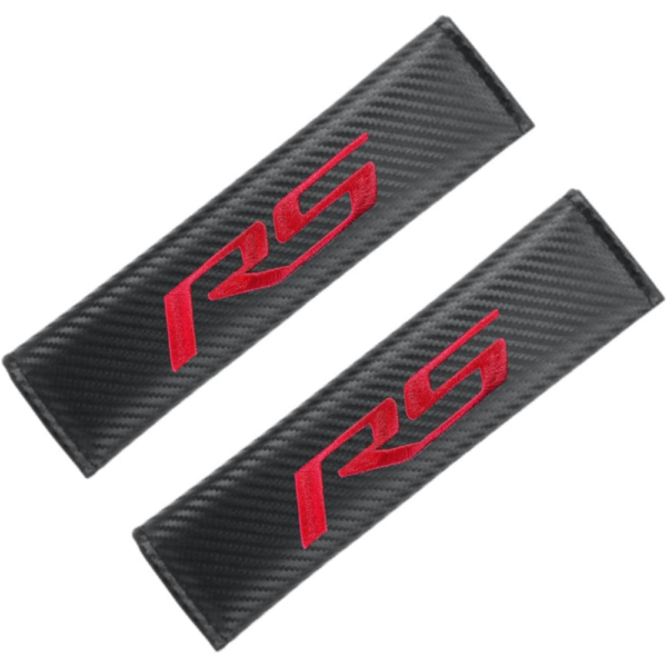 7Cylinder Carbon Fiber Texture Leather Seatbelt Cover Pads – For Chevy Camaro RS – Black & Red