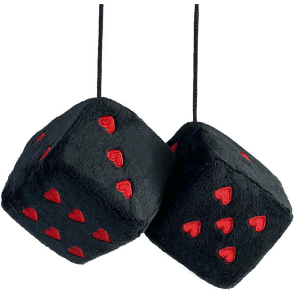 7Cylinder Heart-Stitched Fuzzy Plush Dice – Retro Rearview Mirror Hanging Accessory – Black