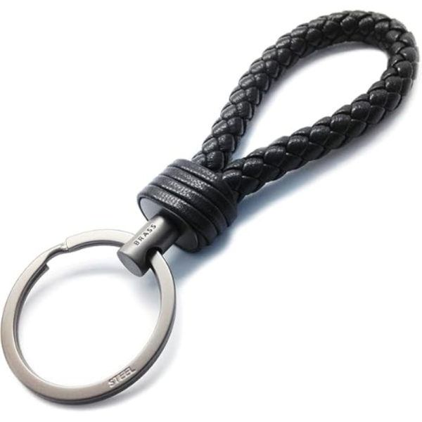 7Cylinder Braided Lambskin Key Chain – Hand-Woven Leather Loop – Black & Gunmetal
