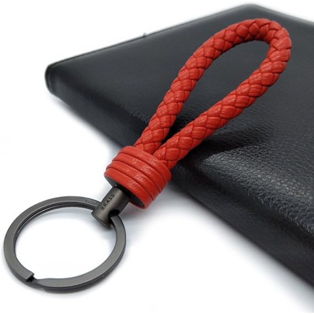 7Cylinder Braided Lambskin Key Chain – Hand-Woven Leather Loop – Red & Gunmetal - Image 5