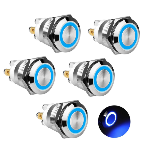 7Cylinder Linkstyle Momentary Push Button Switch – Blue LED Indicator – 5-Pack