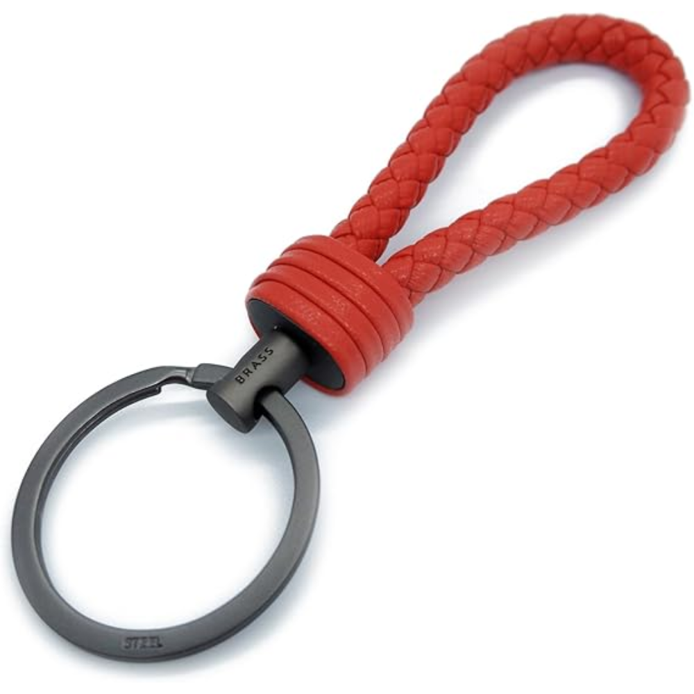 7Cylinder Braided Lambskin Key Chain – Hand-Woven Leather Loop – Red & Gunmetal