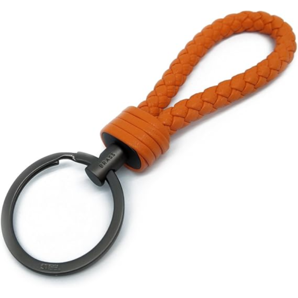 7Cylinder Braided Lambskin Key Chain – Hand-Woven Leather Loop – Orange & Gunmetal