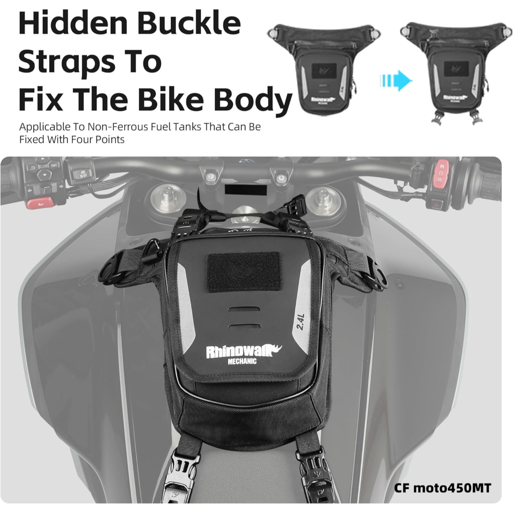 Rhinowalk Magnetic Motorcycle Fuel Tank Bag – 2.4L Multi-Mode Carry – Tank, Leg, Waist & Crossbody Use with Phone Pocket - Image 5