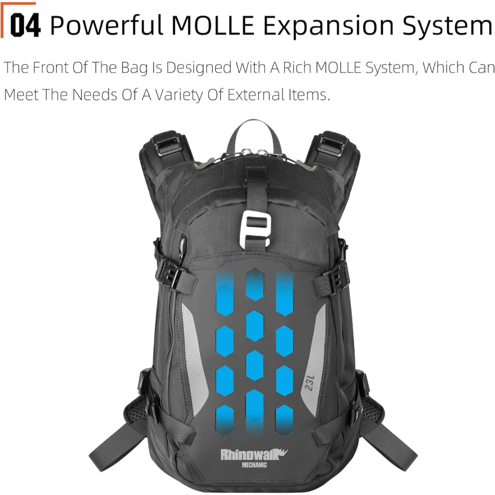 Rhinowalk Motorcycle Backpack – Helmet Holder, Hydration Compartment, Rain Cover & MOLLE System – Multi-Sport Touring Backpack - Image 5