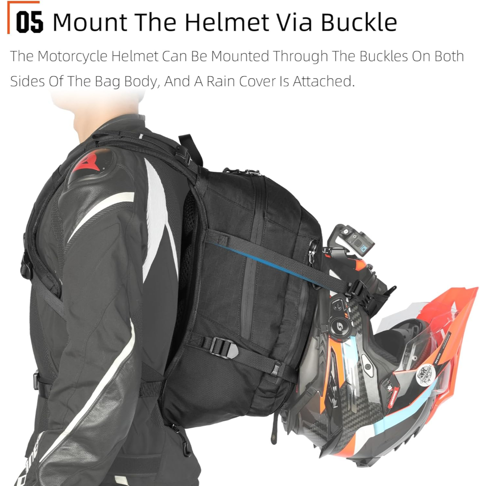 Rhinowalk Motorcycle Backpack – Helmet Holder, Hydration Compartment, Rain Cover & MOLLE System – Multi-Sport Touring Backpack - Image 6
